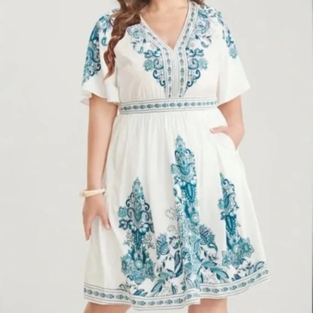 BloomChic White Dress with Teal Blue Embroidery
